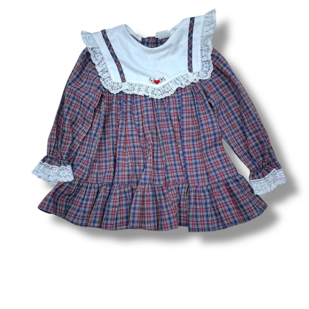 Bryan Vintage Dress Girls Size 3T Plaid Long‎ Sleeve Lace Collar 80s Style